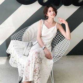 Lace Elbow-sleeve A-line Dress / Lace Spaghetti Strap A-line Dress