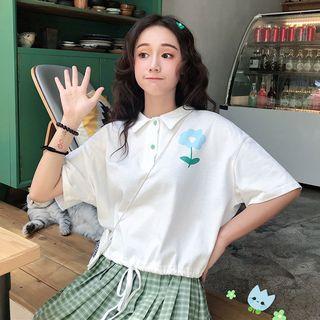 Flower Print Short-sleeve Drawstring Polo Shirt