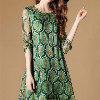 Printed Elbow-sleeve A-line Chiffon Dress