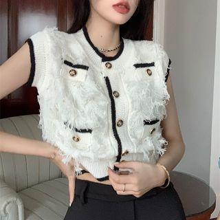 Sleeveless Fringed Trim Knit Top White - One Size