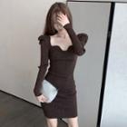 Square-neck Knit Mini Sheath Dress Coffee - One Size