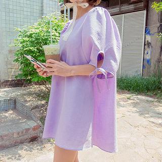 Short-sleeve Beribboned Mini Shift Dress