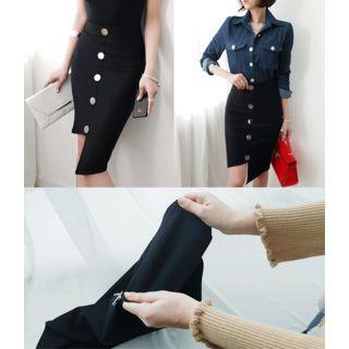 Button-detail Asymmetric-hem Skirt Black - One Size