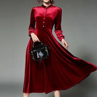 Plain Long Sleeve Velvet Midi Dress