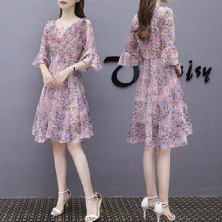 Bell-sleeve Floral A-line Dresss
