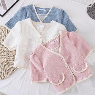 V-neck Plaid Single-breasted Short-sleeve Top