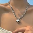 Heart Pendant Rhinestone Chain Necklace Silver - One Size