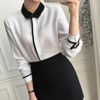 Hidden-button Contrast-trim Blouse