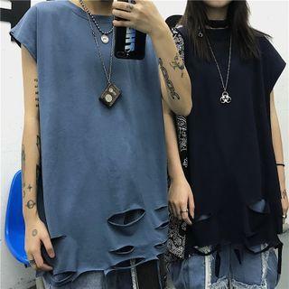 Couple Matching Sleeveless Ripped Plain T-shirt