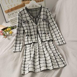 Set: One-button Plaid Light Cardigan + Sleeveless Dress White - One Size