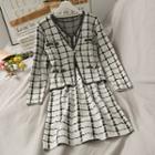 Set: One-button Plaid Light Cardigan + Sleeveless Dress White - One Size