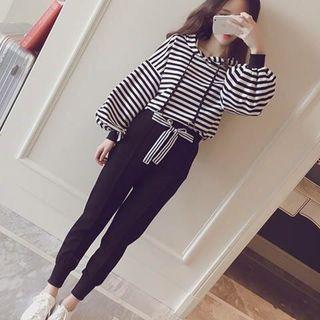 Set: Striped Hooded Sweatshirt + Drawstring Gather-cuff Sweatpants