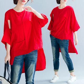 Elbow-sleeve Cutout High-low Blouse Red - One Size