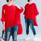 Elbow-sleeve Cutout High-low Blouse Red - One Size