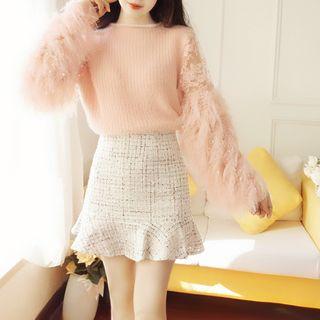 Fringed Sweater / Mini Tweed Mermaid Skirt / Set