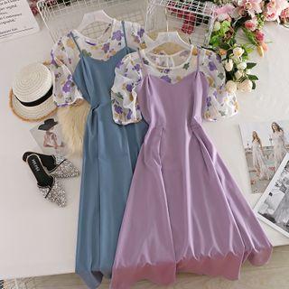 Set : Puff-sleeved Chiffon Floral Top + Vest Dress