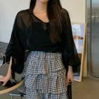 Elbow-sleeve V-neck Top / Tiered A-line Skirt