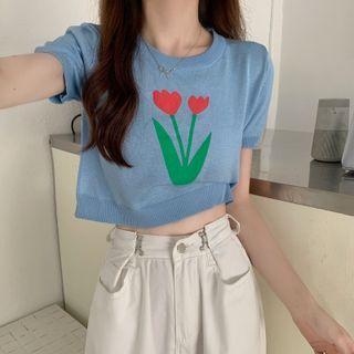 Short-sleeve Flower Print Knit Crop Top
