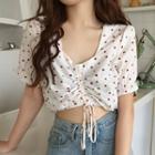 Short-sleeve Heart Print Drawstring Crop Top As Shown In Figure - One Size