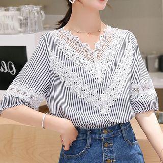 Lace Panel Pinstriped Top