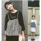 Set: 3/4-sleeve T-shirt Dress + Plaid Spaghetti-strap Top