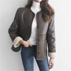 Collarless Buttoned Faux-shearling Jacket