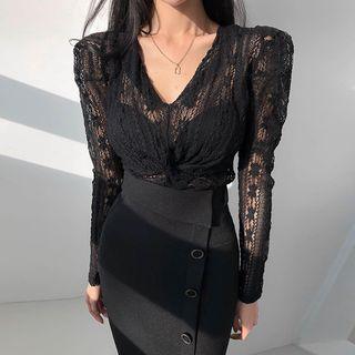 Puff-shoulder Sheer Crochet Top