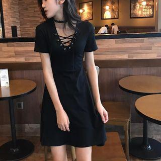 Cross Strap Front Short Sleeve A-line Dress