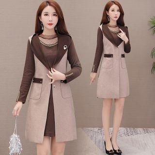 Set: Long-sleeve Mesh Panel A-line Dress + Hooded Coat