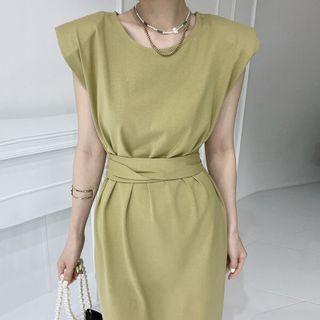 Sleeveless Shoulder-padded Midi Sheath Dress