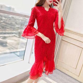 3/4-sleeve Ruffled Lace Dress