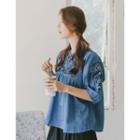Tie-neck Embroidered Blouse Blue - One Size