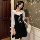 Off Shoulder Lace Up Puff-sleeved Dress Black - One Size