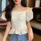 Off-shoulder Puff-sleeve Slim-fit Top