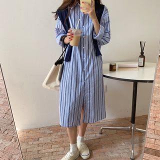 Long-sleeve Striped Midi Shirtdress With Shawl