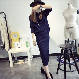Set: Long-sleeve Knit Top + Midi Knit Skirt