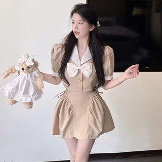 Puff-sleeve Bow Accent Crop Shirt / Mini A-line Skirt