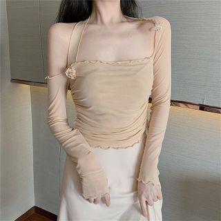 Butterfly Detail Cold-shoulder Long-sleeve Mesh Top