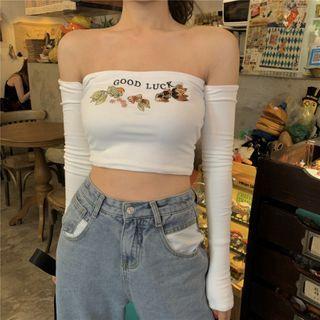 Off-shoulder Print Cropped Top White - One Size
