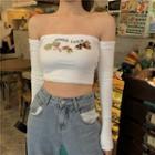 Off-shoulder Print Cropped Top White - One Size