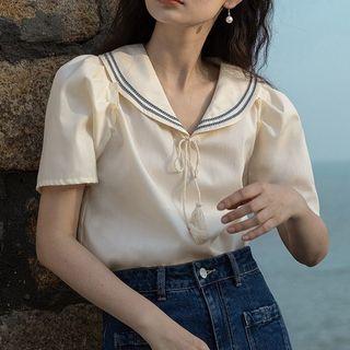 Short-sleeve V-neck Sailor Collar Striped Trim Blouse