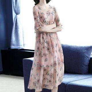Set: Floral Print Elbow Sleeve Midi Dress + Slipdress