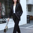Set: Contrast Trim Double-breasted Blazer + Straight-cut Pants