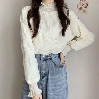 Semi High-neck Mesh Lace Fleece-lined Top