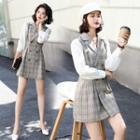 Puff-sleeve Plaid Double Breasted Dress