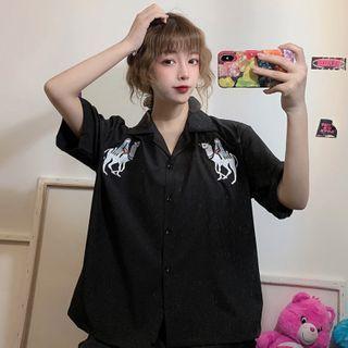 Camel Embroidered Short-sleeve Casual Shirt