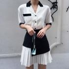 Elbow-sleeve Notch-neck Shirt / Paneled Mini Pleated Skirt