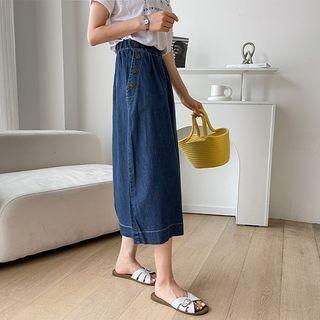 Button-trim Long Denim Skirt