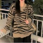 Zebra Pattern V-neck Sweater Khaki - One Size