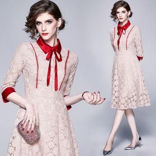 Tie-neck 3/4-sleeve A-line Lace Dress